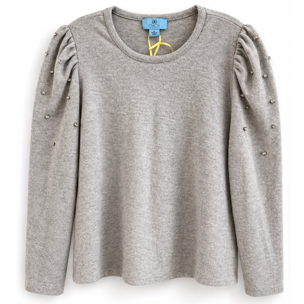 CeCe Heather Gray Rhinestone Puff Sleeve Knit Top XL New With Tags